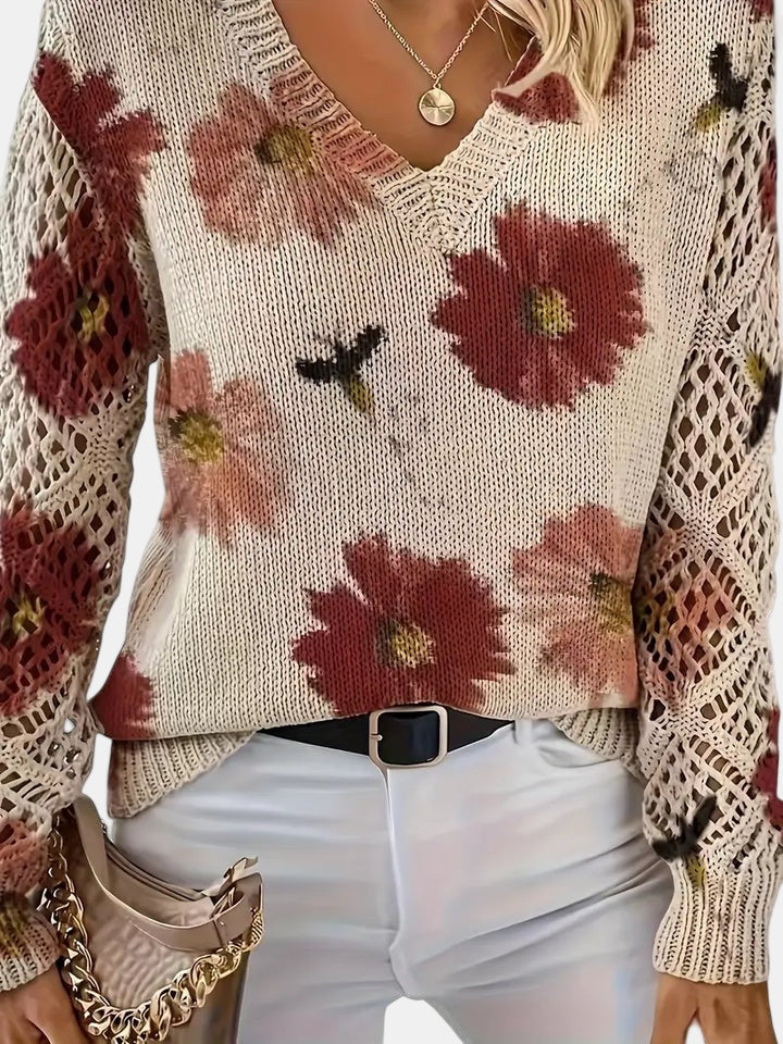 Women's Floral Knit V-Neck Sweater