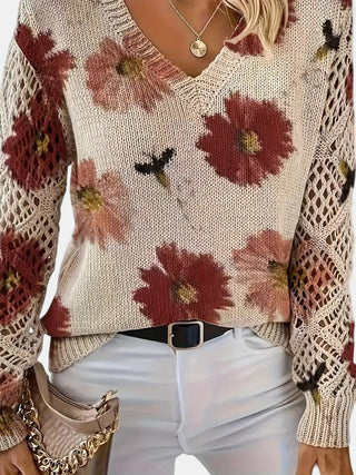 Women's Floral Knit V-Neck Sweater