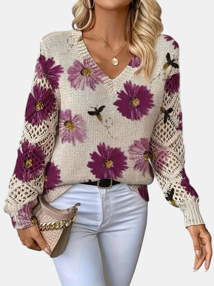 Women's Floral Knit V-Neck Sweater