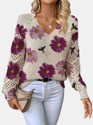 Women's Floral Knit V-Neck Sweater