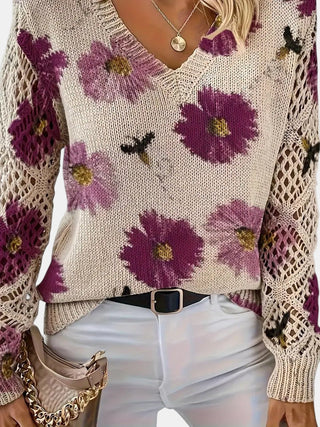 Women's Floral Knit V-Neck Sweater