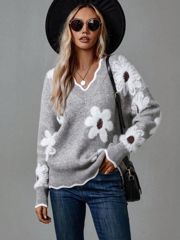 Women's Floral Applique V-Neck Sweater
