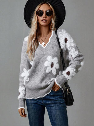 Women's Floral Applique V-Neck Sweater
