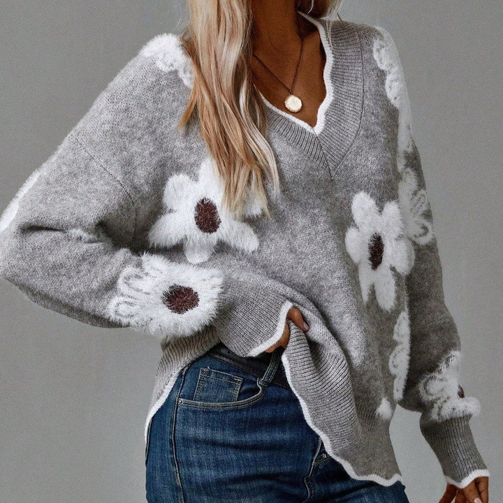 Women's Floral Applique V-Neck Sweater