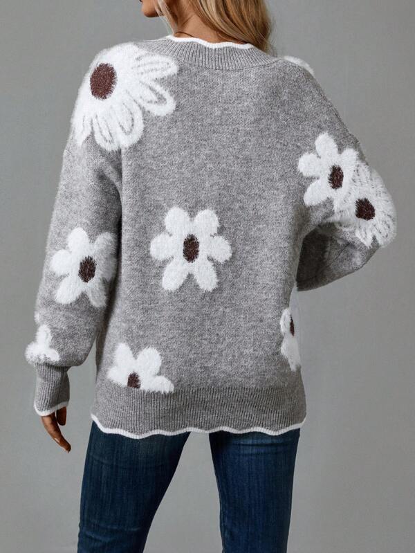 Women's Floral Applique V-Neck Sweater