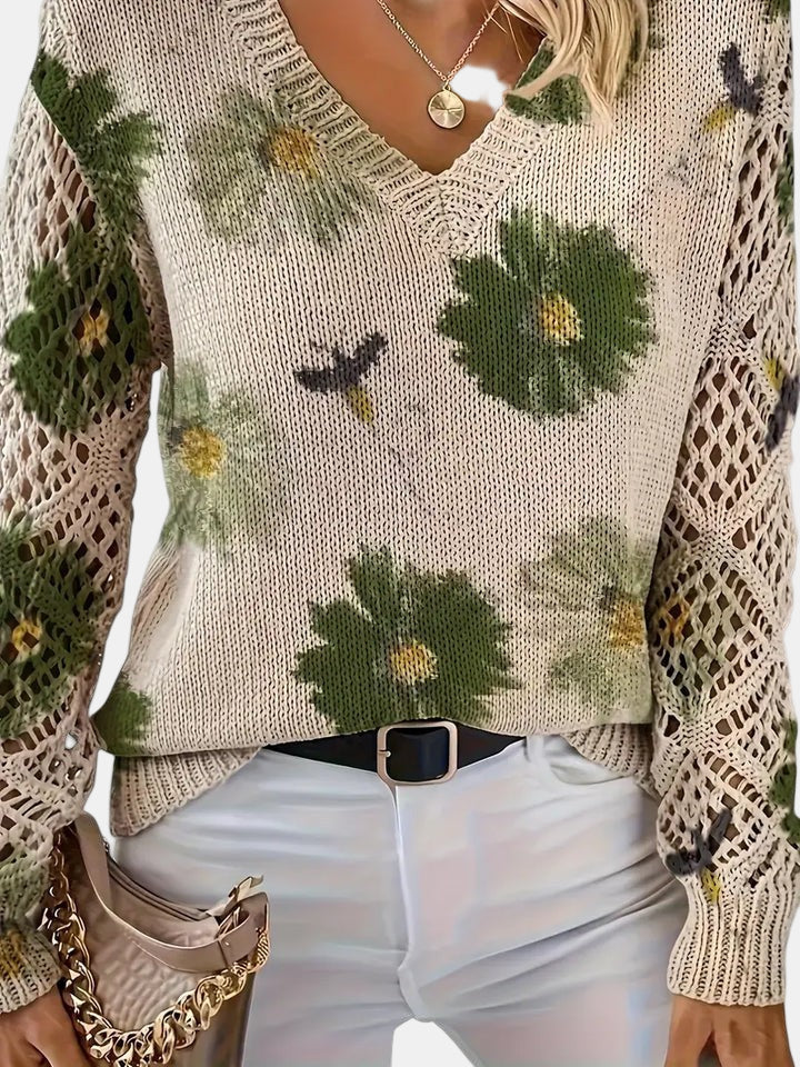 Women's Floral Knit V-Neck Sweater