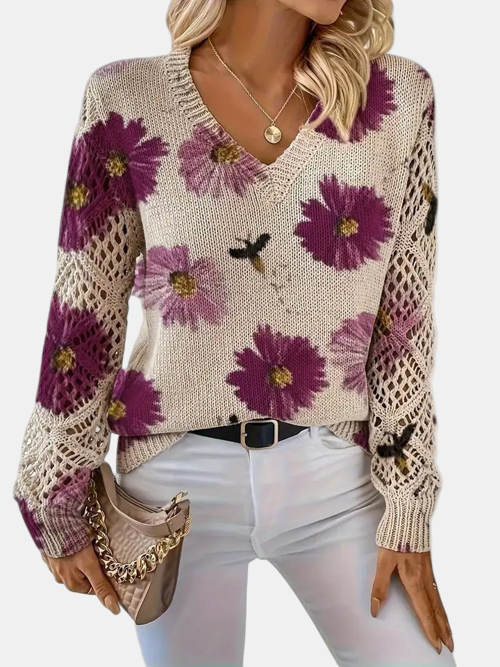 Women's Floral Knit V-Neck Sweater