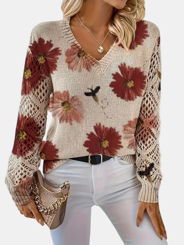Women's Floral Knit V-Neck Sweater