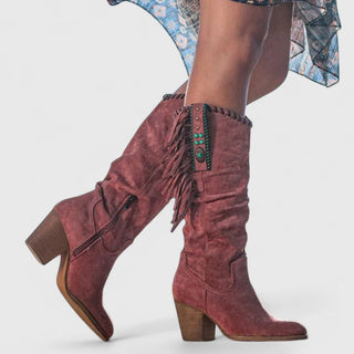Boots For Women | Mid Calf Block Heel With Fringe Detail