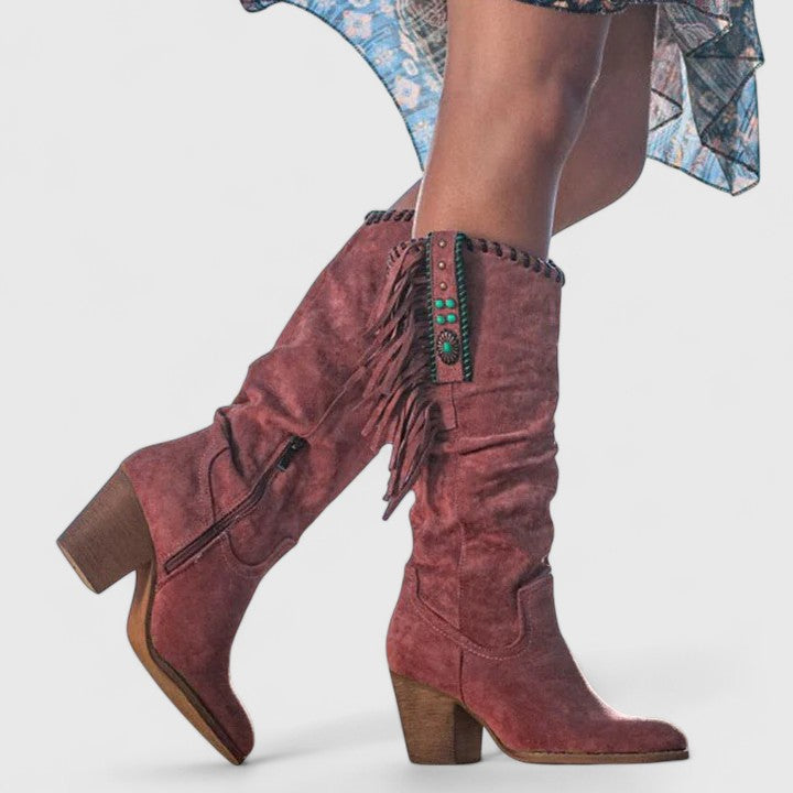 Women's Fringe Mid-Calf Block Heel Boots