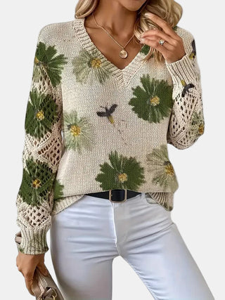 Women's Floral Knit V-Neck Sweater