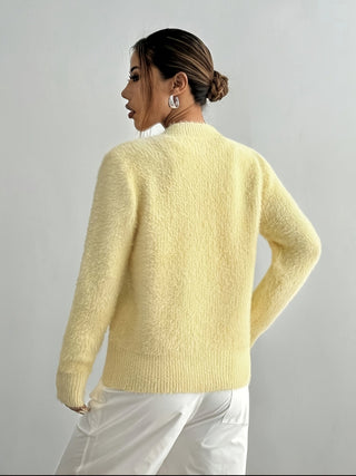 Women's Fluffy Cropped Heart-Button Cardigan