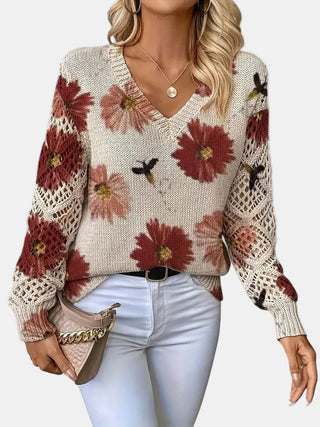 Women's Floral Knit V-Neck Sweater
