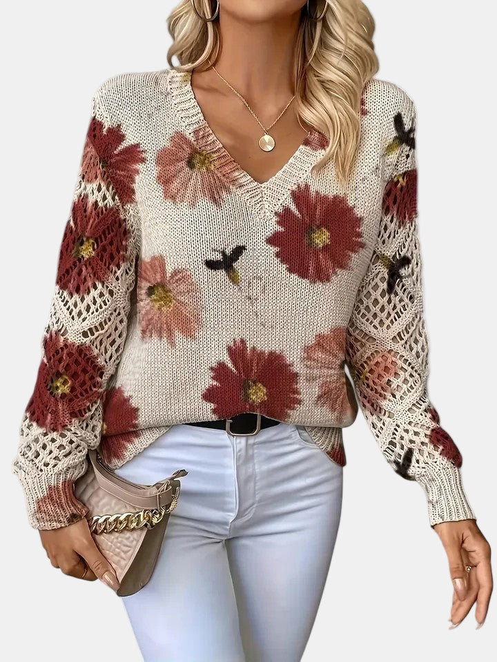 Women's Floral Knit V-Neck Sweater