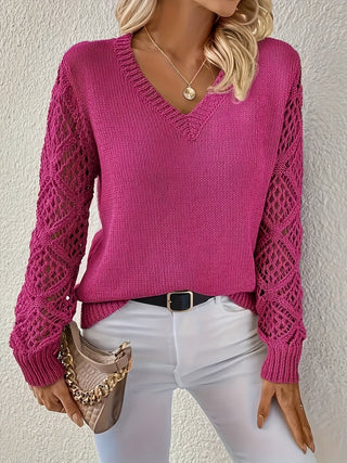 Women's Crochet Sleeve V-Neck Sweater