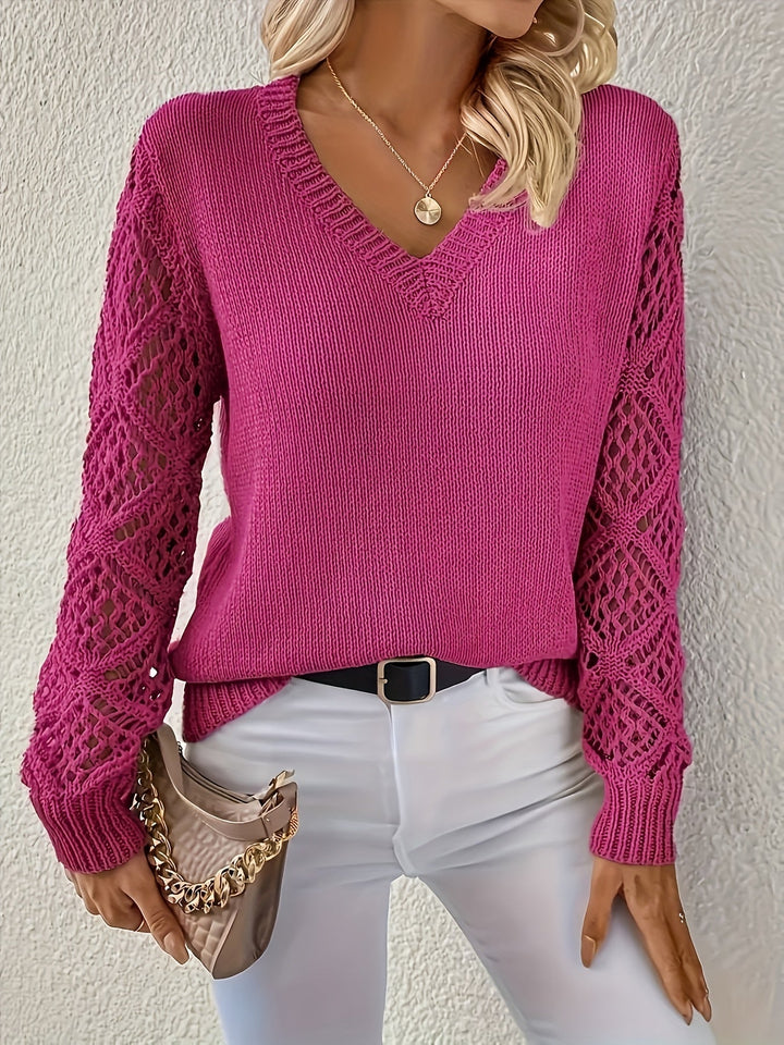 Women's Crochet Sleeve V-Neck Sweater