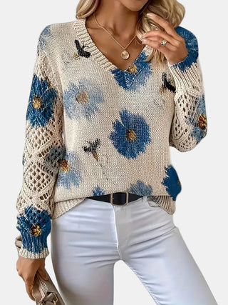 Women's Floral Knit V-Neck Sweater