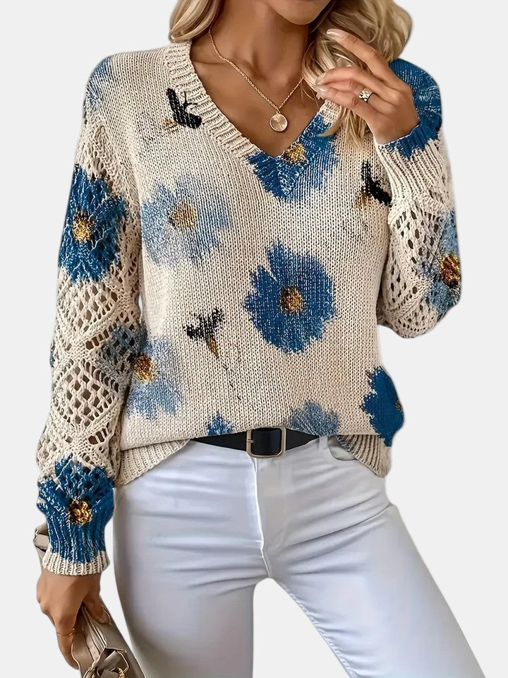 Women's Floral Knit V-Neck Sweater