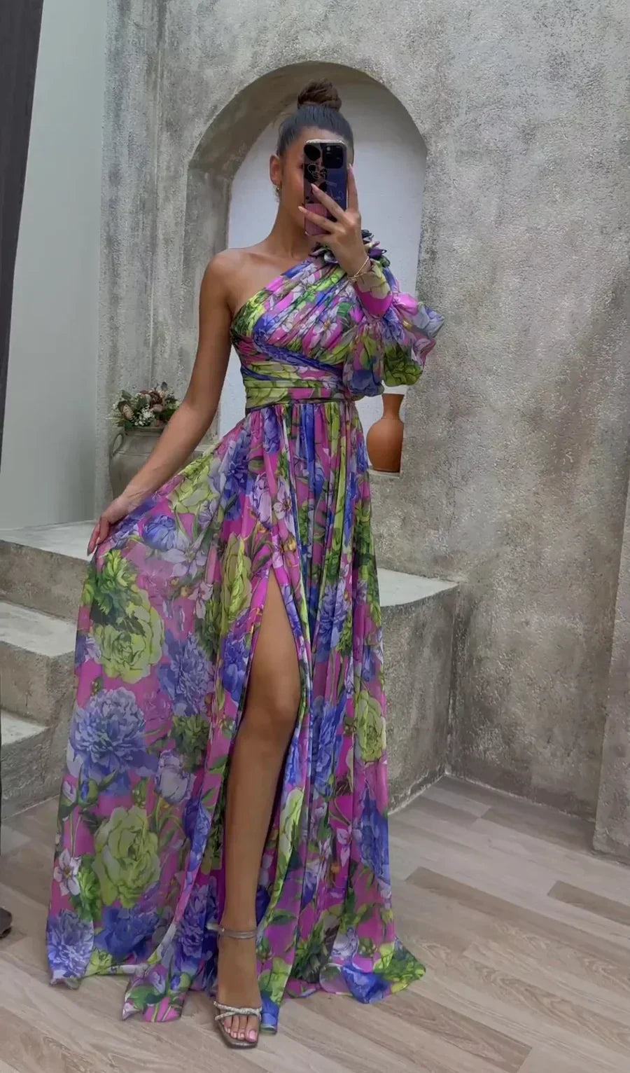 Women's One Shoulder Floral Split Maxi Dress