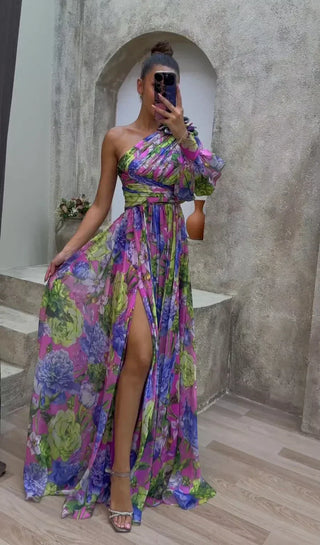 Women's One Shoulder Floral Split Maxi Dress