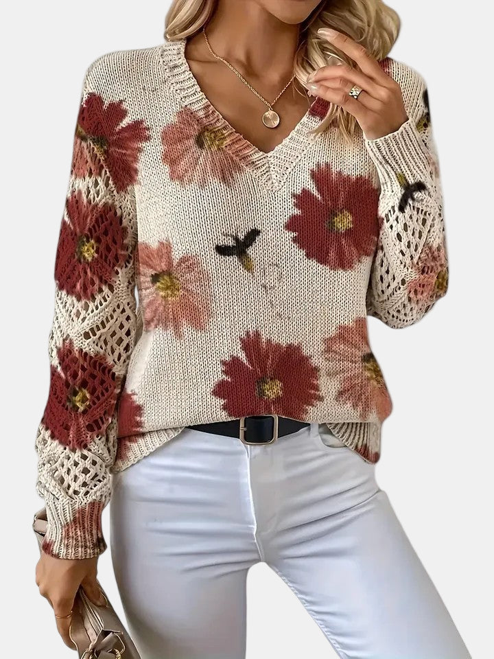 Women's Floral Knit V-Neck Sweater