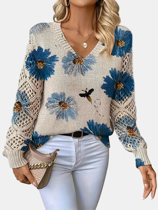Women's Floral Knit V-Neck Sweater