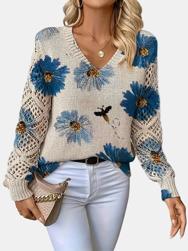 Women's Floral Knit V-Neck Sweater