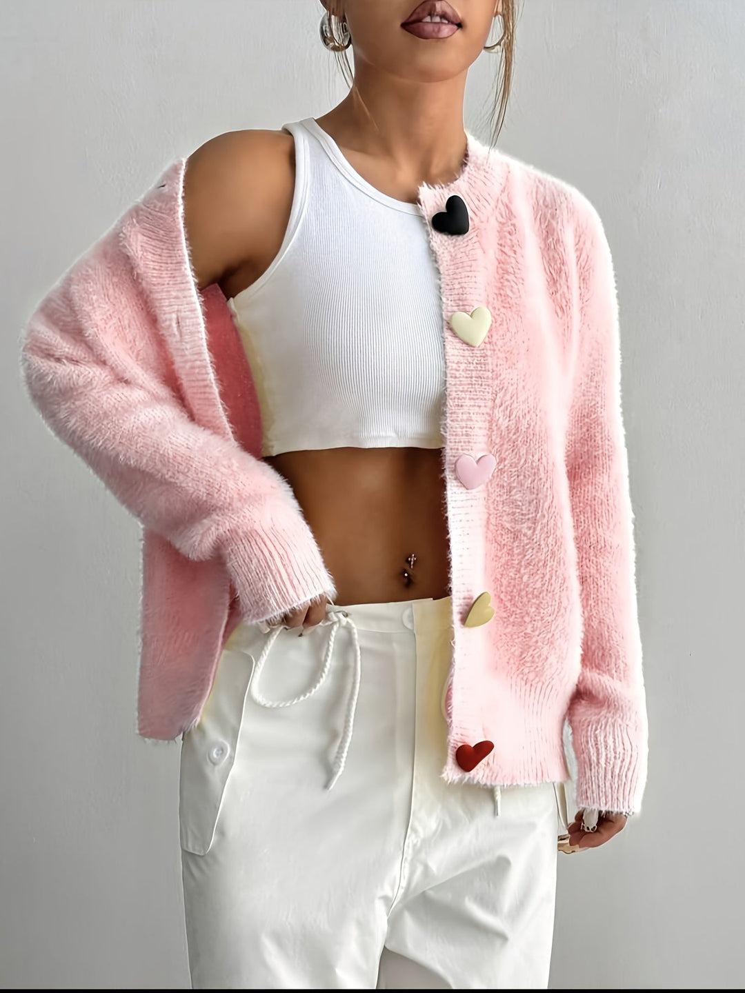 Women's Fluffy Cropped Heart-Button Cardigan