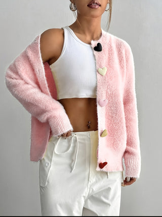 Women's Fluffy Cropped Heart-Button Cardigan