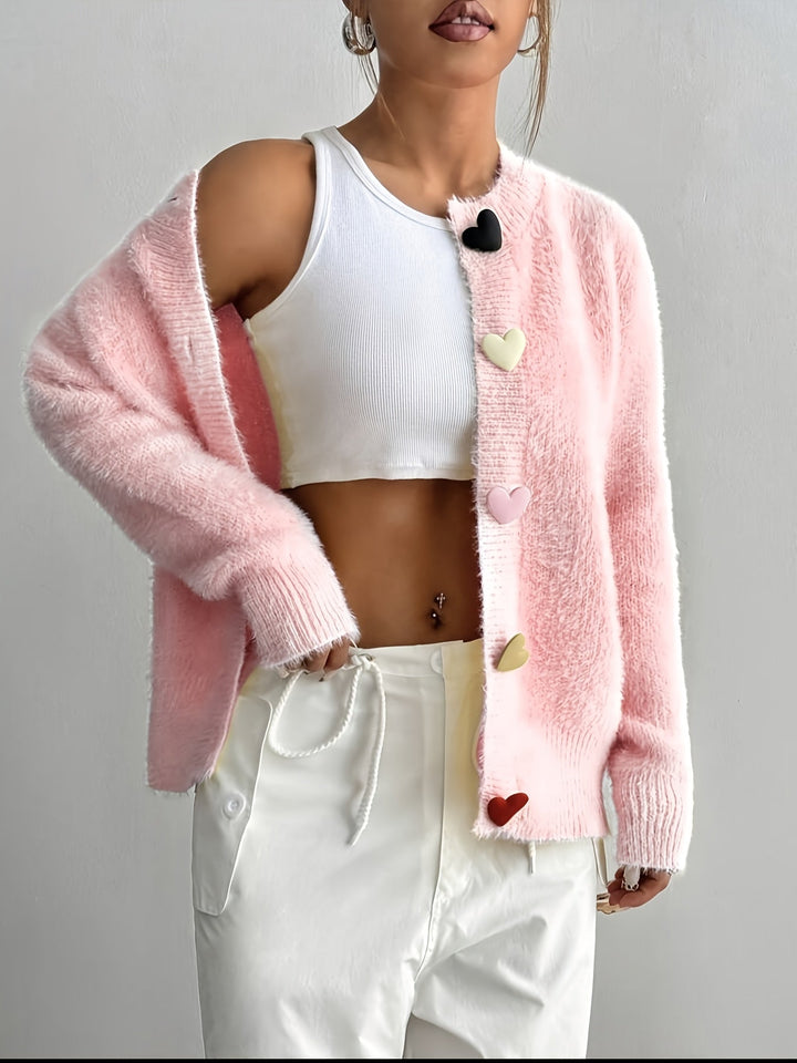 Women's Fluffy Cropped Heart-Button Cardigan