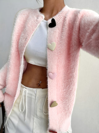 Women's Fluffy Cropped Heart-Button Cardigan
