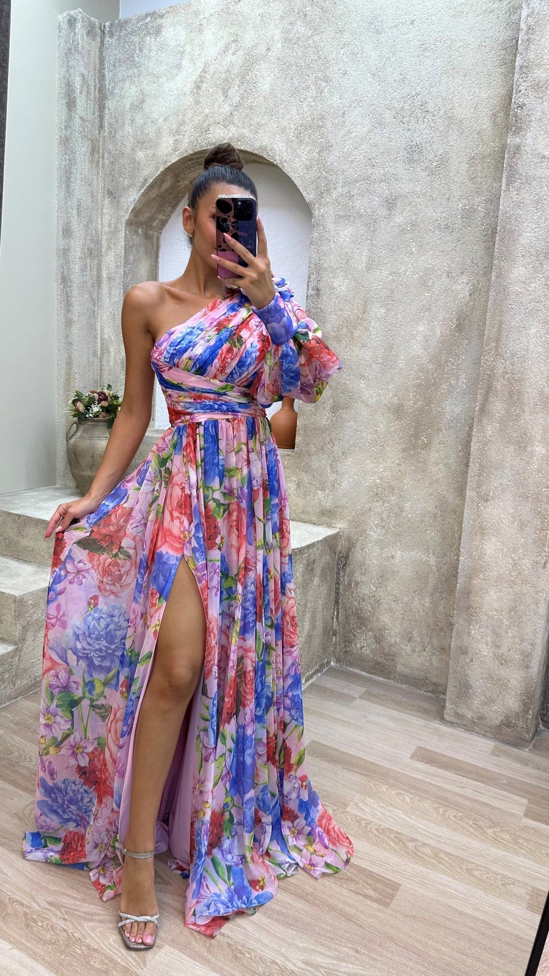 Women's One Shoulder Floral Split Maxi Dress