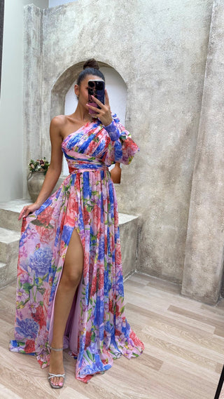 Women's One Shoulder Floral Split Maxi Dress