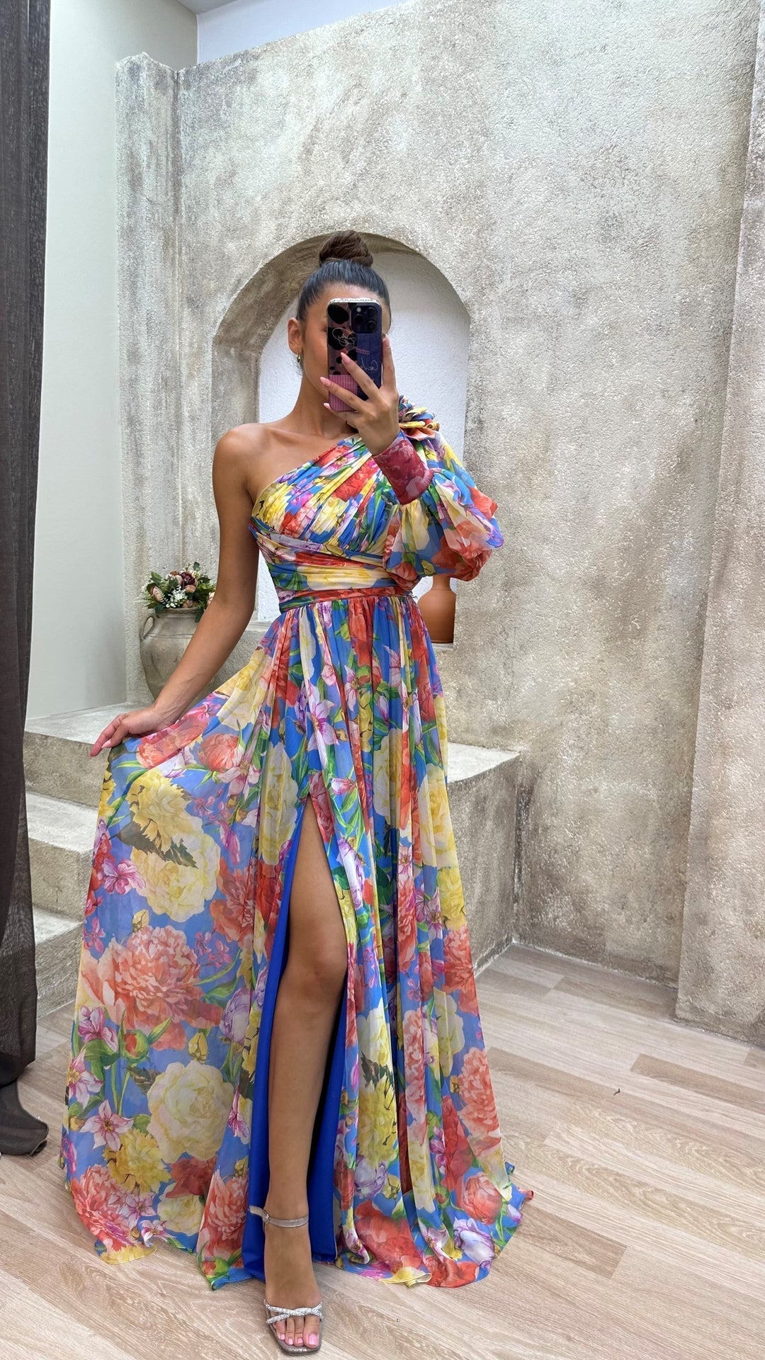 Women's One Shoulder Floral Split Maxi Dress