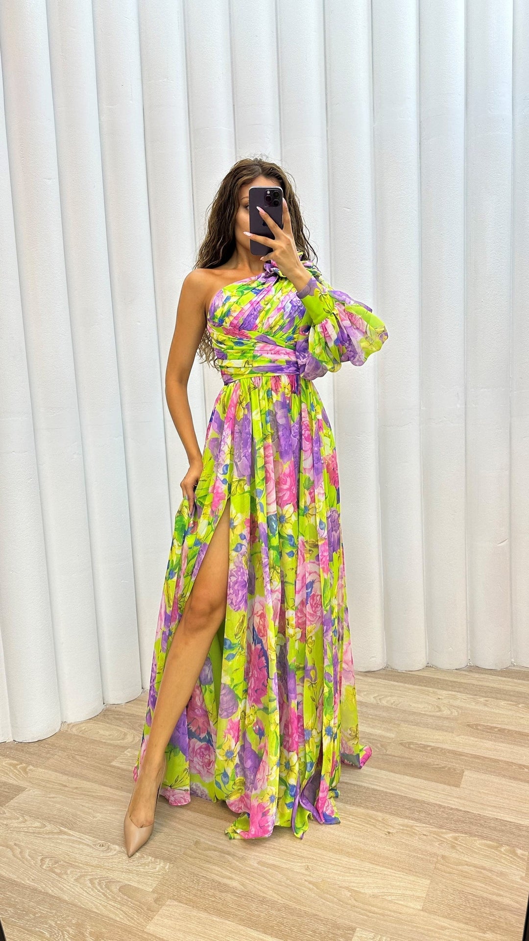 Women's One Shoulder Floral Split Maxi Dress