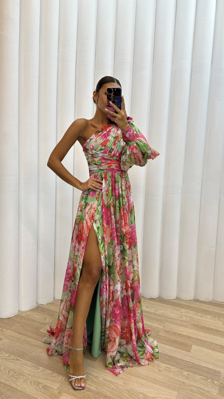 Women's One Shoulder Floral Split Maxi Dress