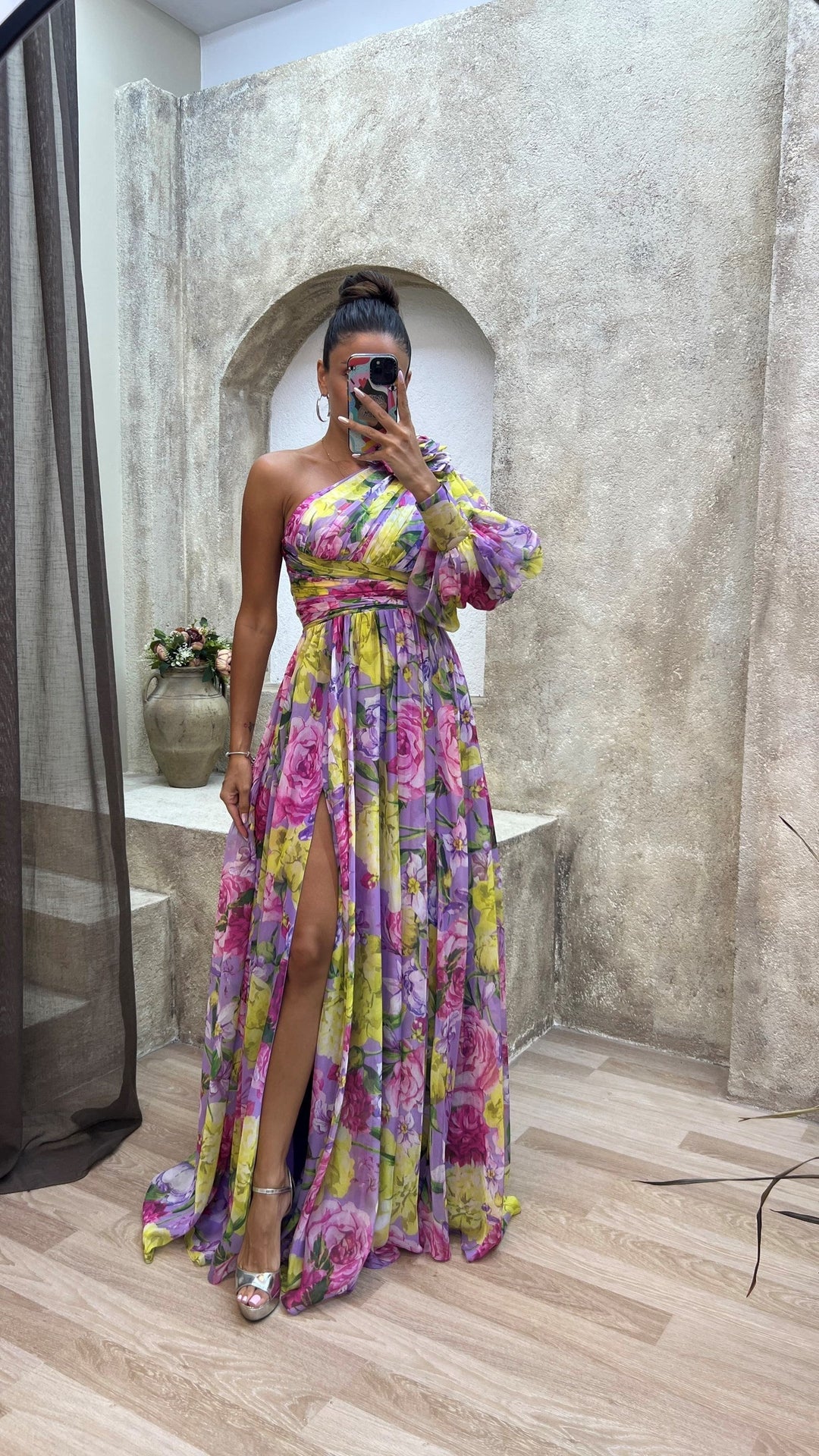 Women's One Shoulder Floral Split Maxi Dress