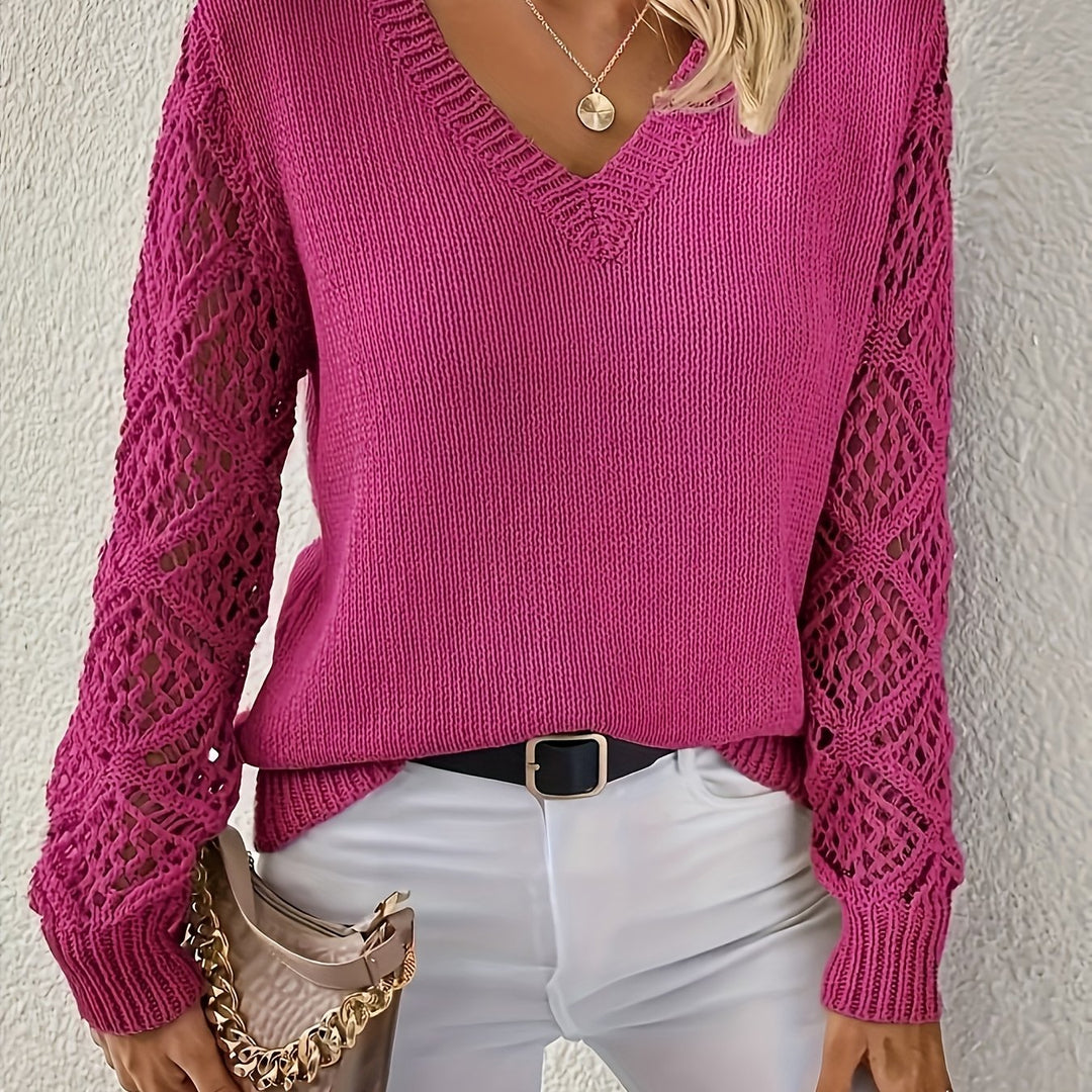 Women's Crochet Sleeve V-Neck Sweater