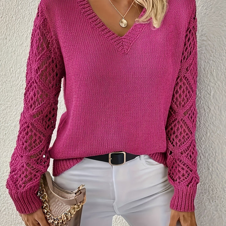 Women's Crochet Sleeve V-Neck Sweater