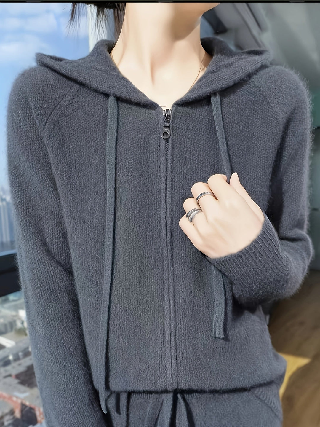 Women's Hooded Zip-Up Knit Cardigan