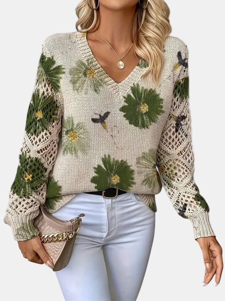 Women's Floral Knit V-Neck Sweater