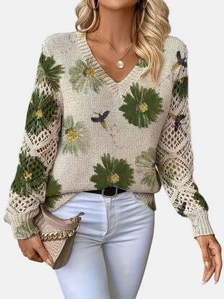 Women's Floral Knit V-Neck Sweater