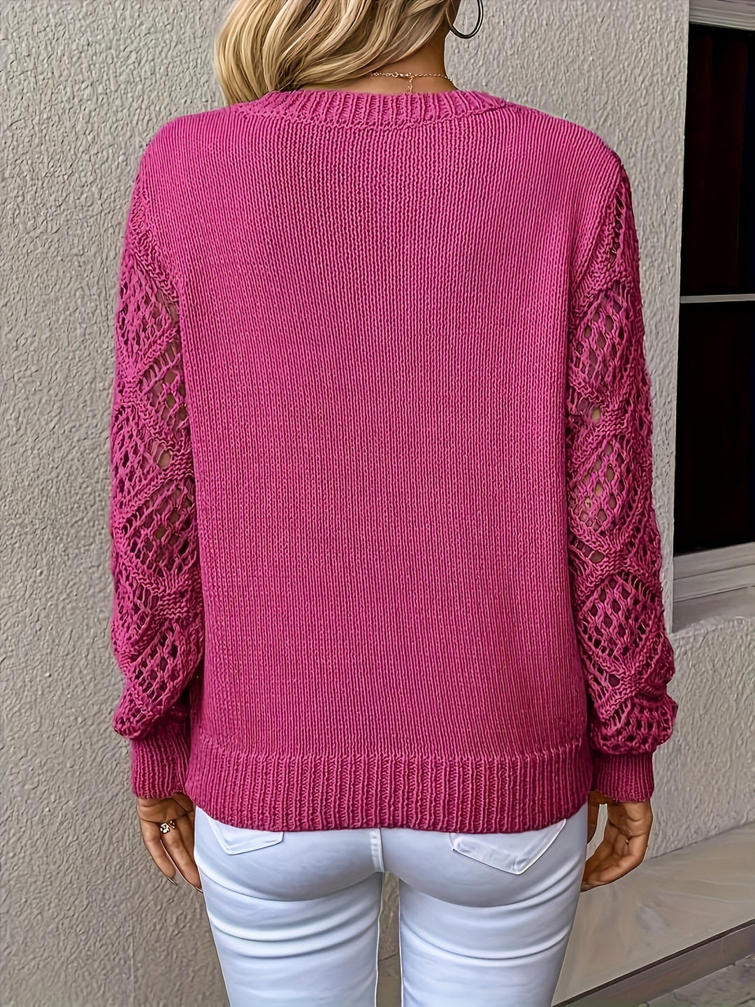 Women's Crochet Sleeve V-Neck Sweater