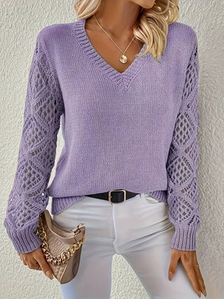 Women's Crochet Sleeve V-Neck Sweater
