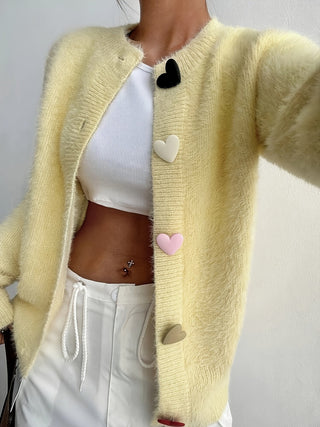 Women's Fluffy Cropped Heart-Button Cardigan