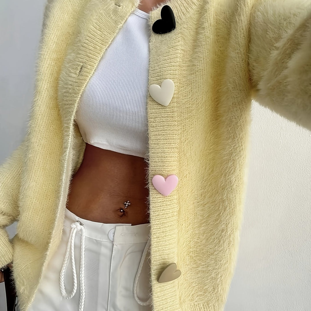 Women's Fluffy Cropped Heart-Button Cardigan
