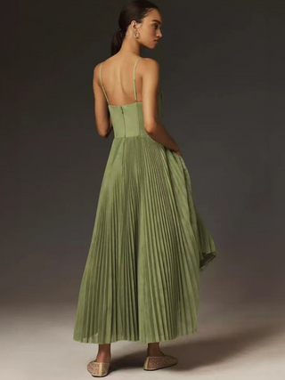 Women's Green Sleeveless Pleated Maxi Dress