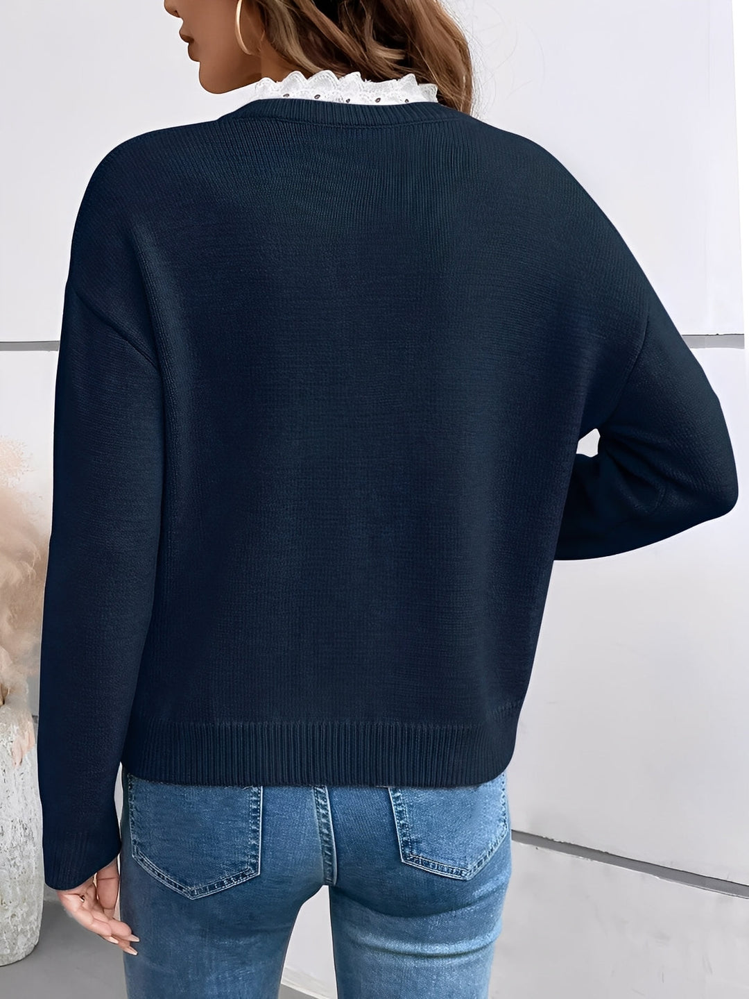 Women's Lace Trim V-Neck Sweater