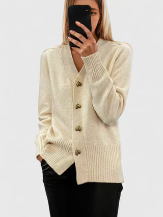 Women's Soft-Knit V-Neck Heart Button Cardigan