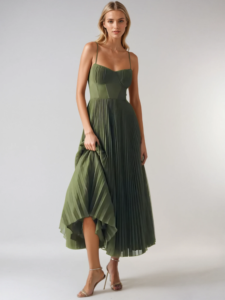Women's Green Sleeveless Pleated Maxi Dress